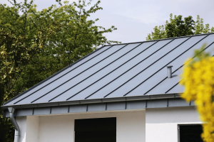 Black metal roof on white home 1