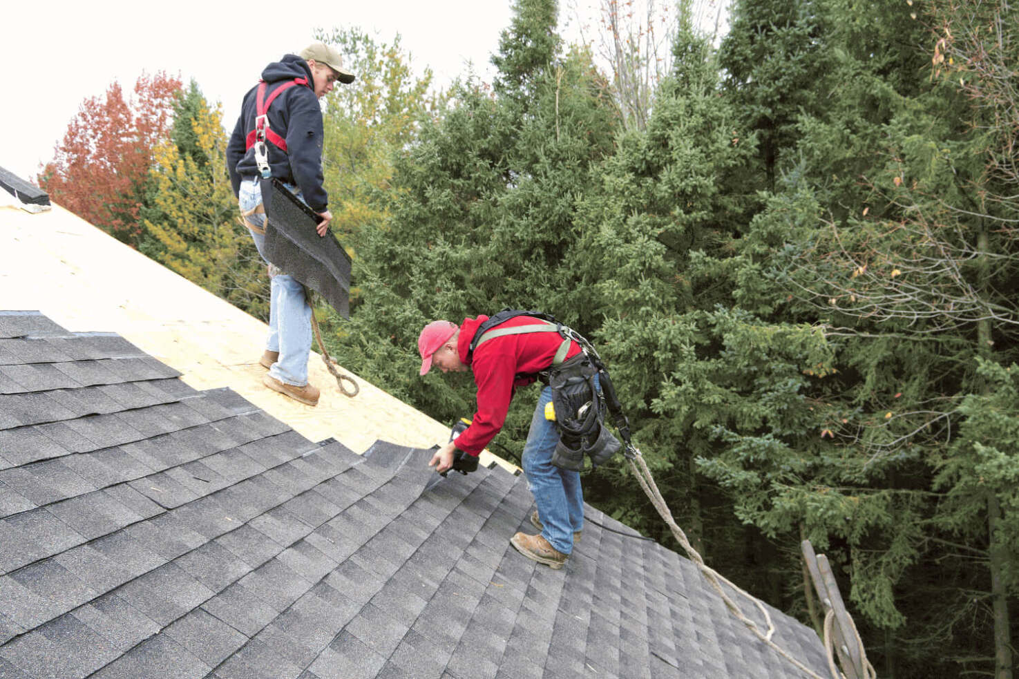 A person assessing a roof after a shingle fell off