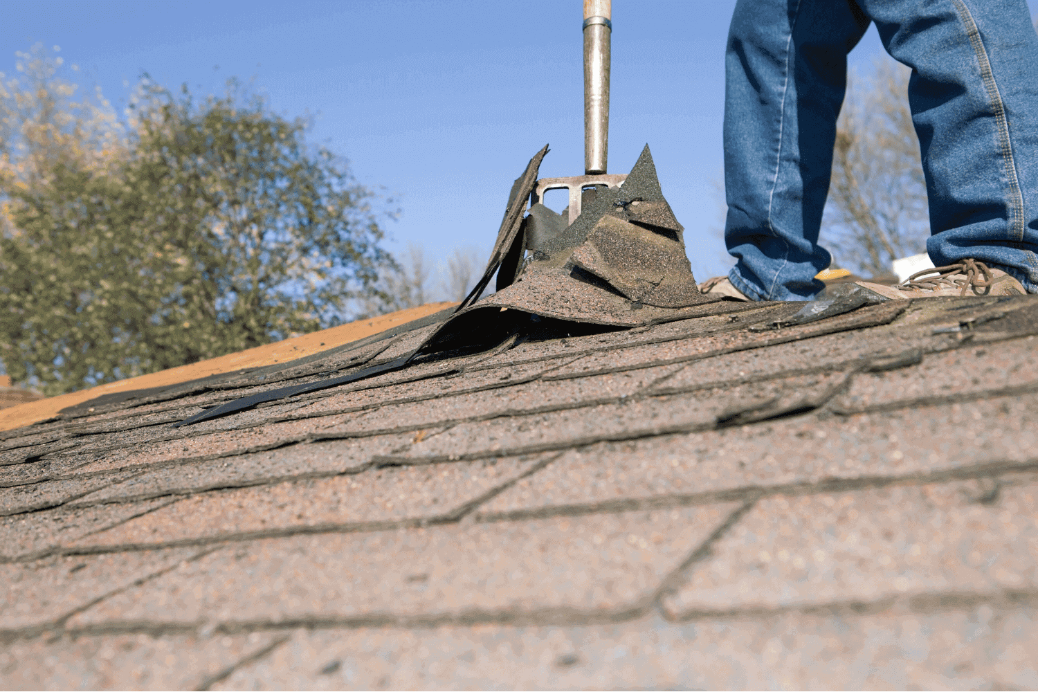 A roofer demonstrating the step-by-step shingle removal process on a sloped roof