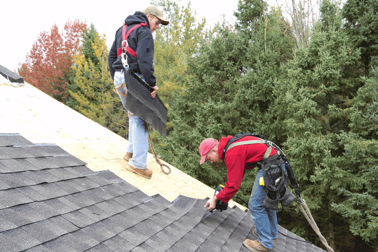 A person installing architectural shingles on a roof.