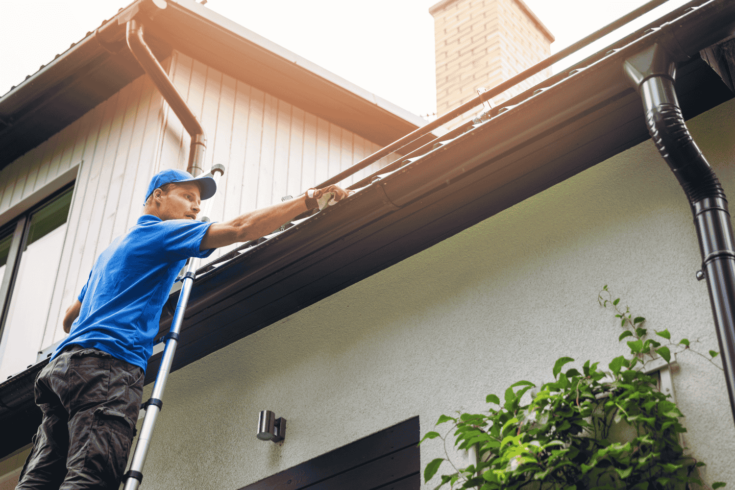 A professional installing new gutters for a home.